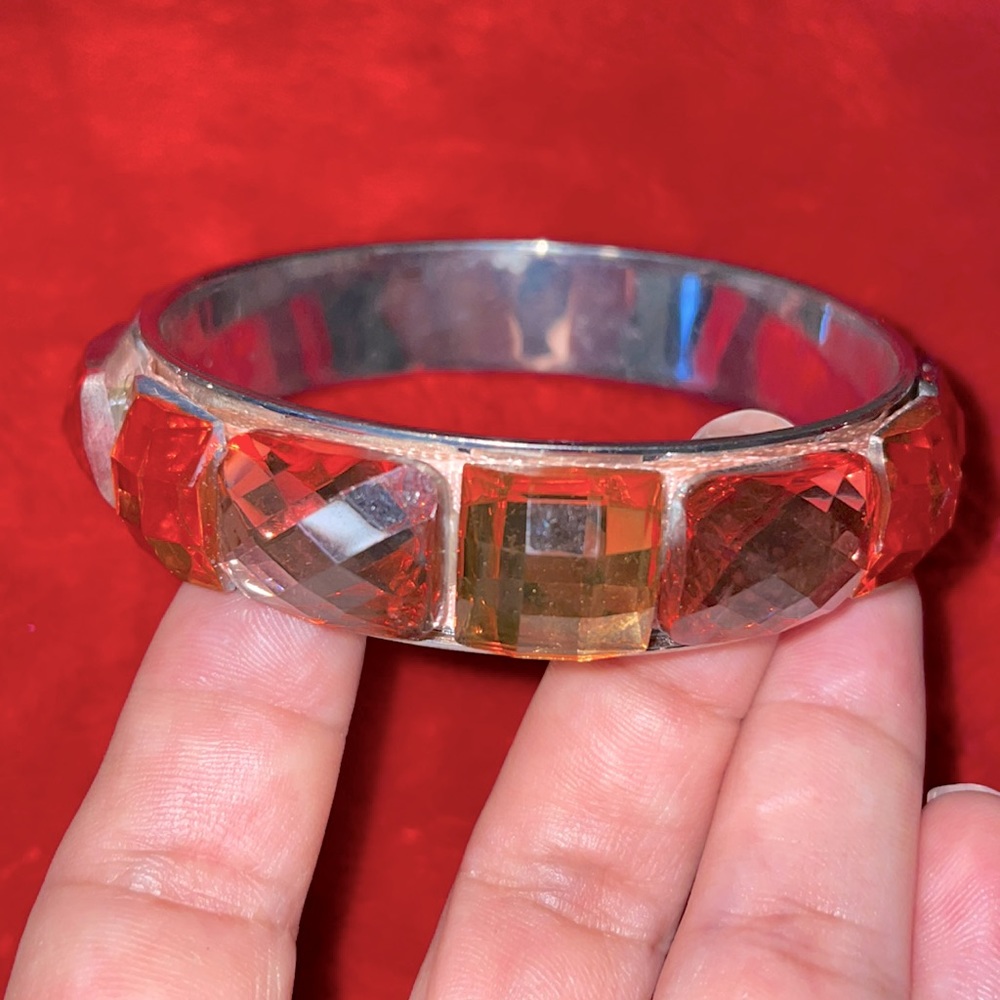 Pretty Silvertone Jeweled Orange Chunky Bangle Statement Bracelet